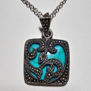 FAS 925 Marcasite Sterling Silver Turquoise Square Pendant Necklace 18"L